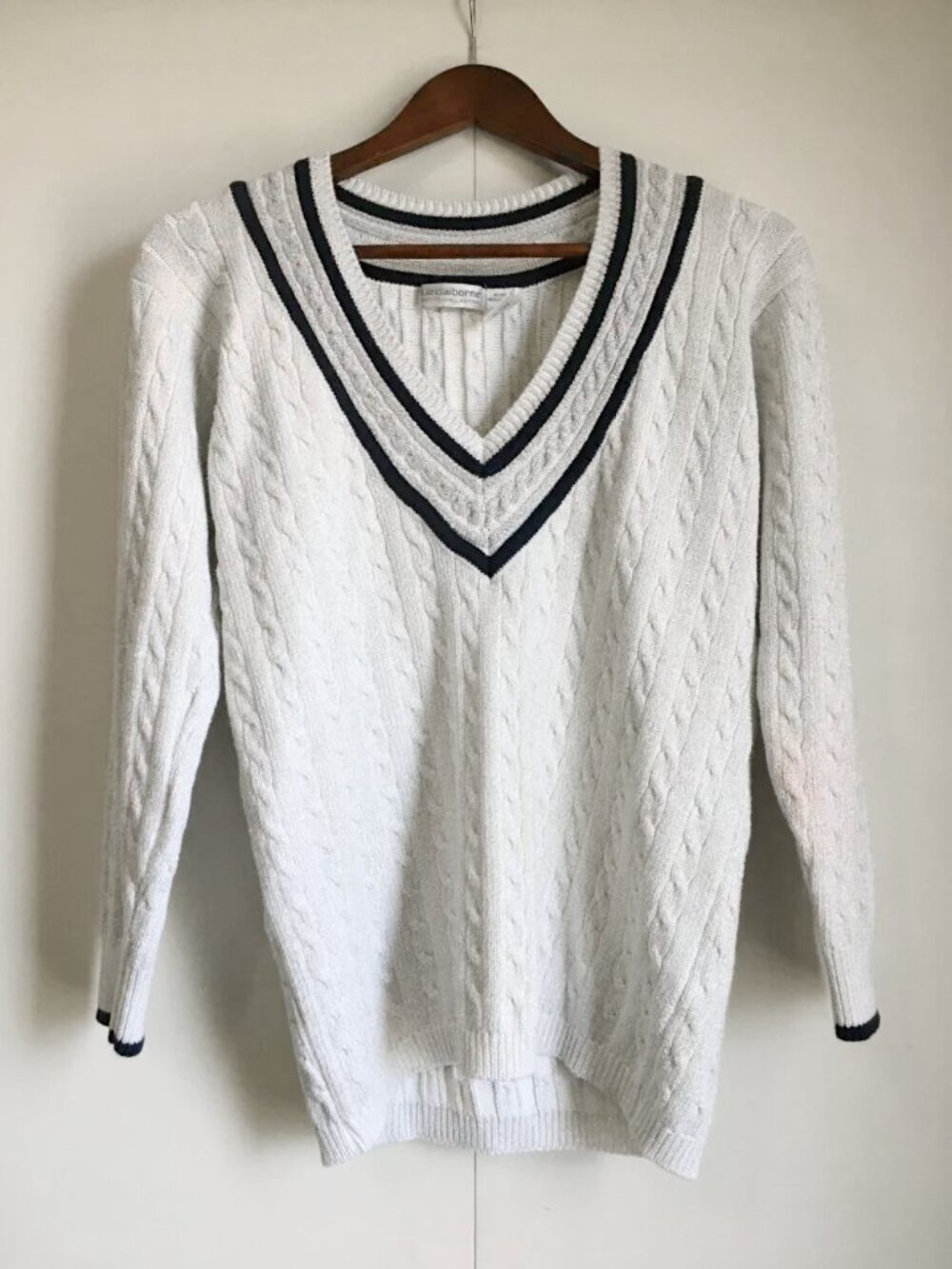 Preppy Varsity Sparkle Cotton Cable Knit V-Neck Sweater - S